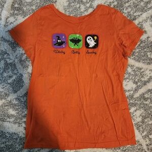 Halloween Orange Graphic Tee T-shirt Witchy Batty Spooky Women's Large L EUC